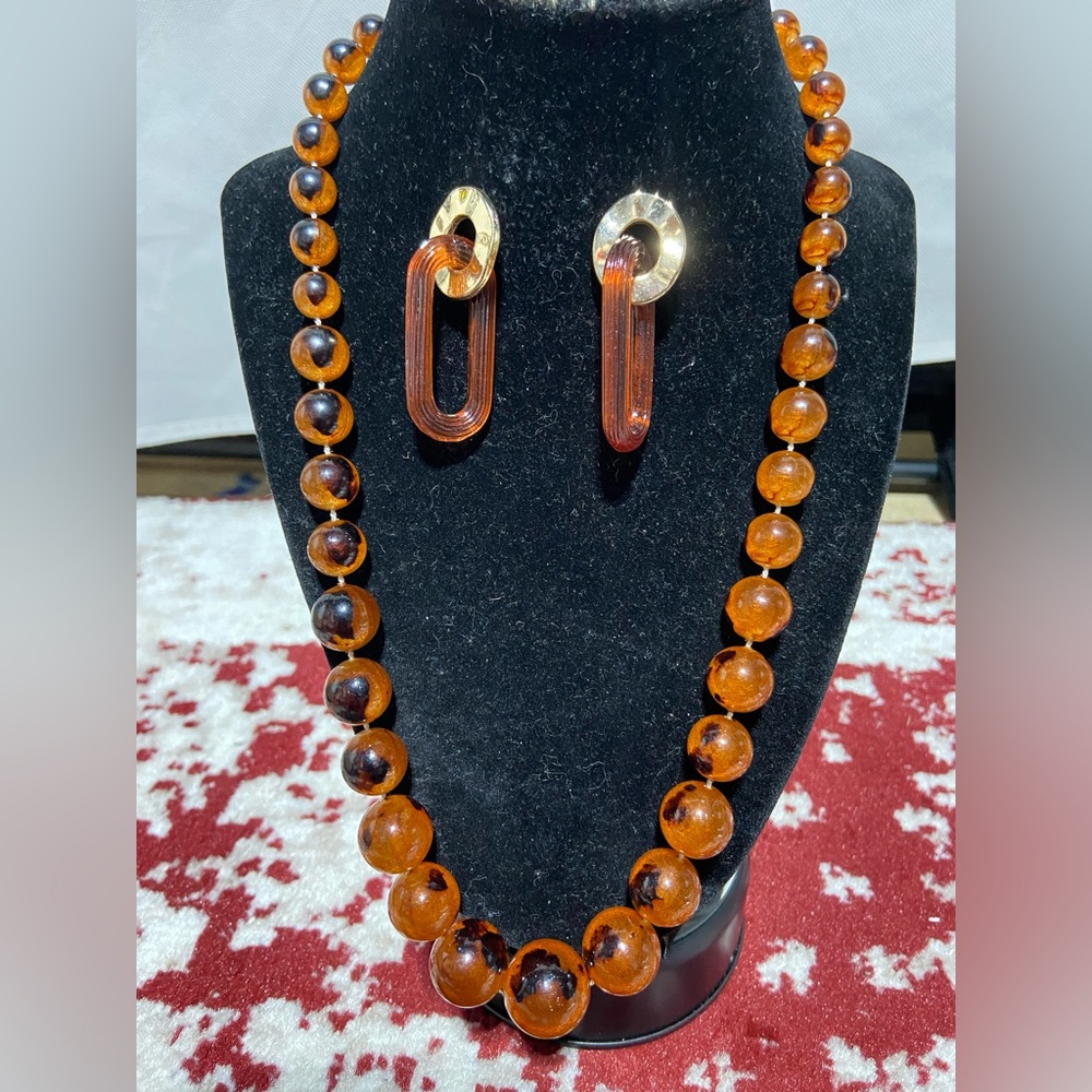 Vintage Beaded Amber Tone Necklace and Coordinating Pierced Earrings.